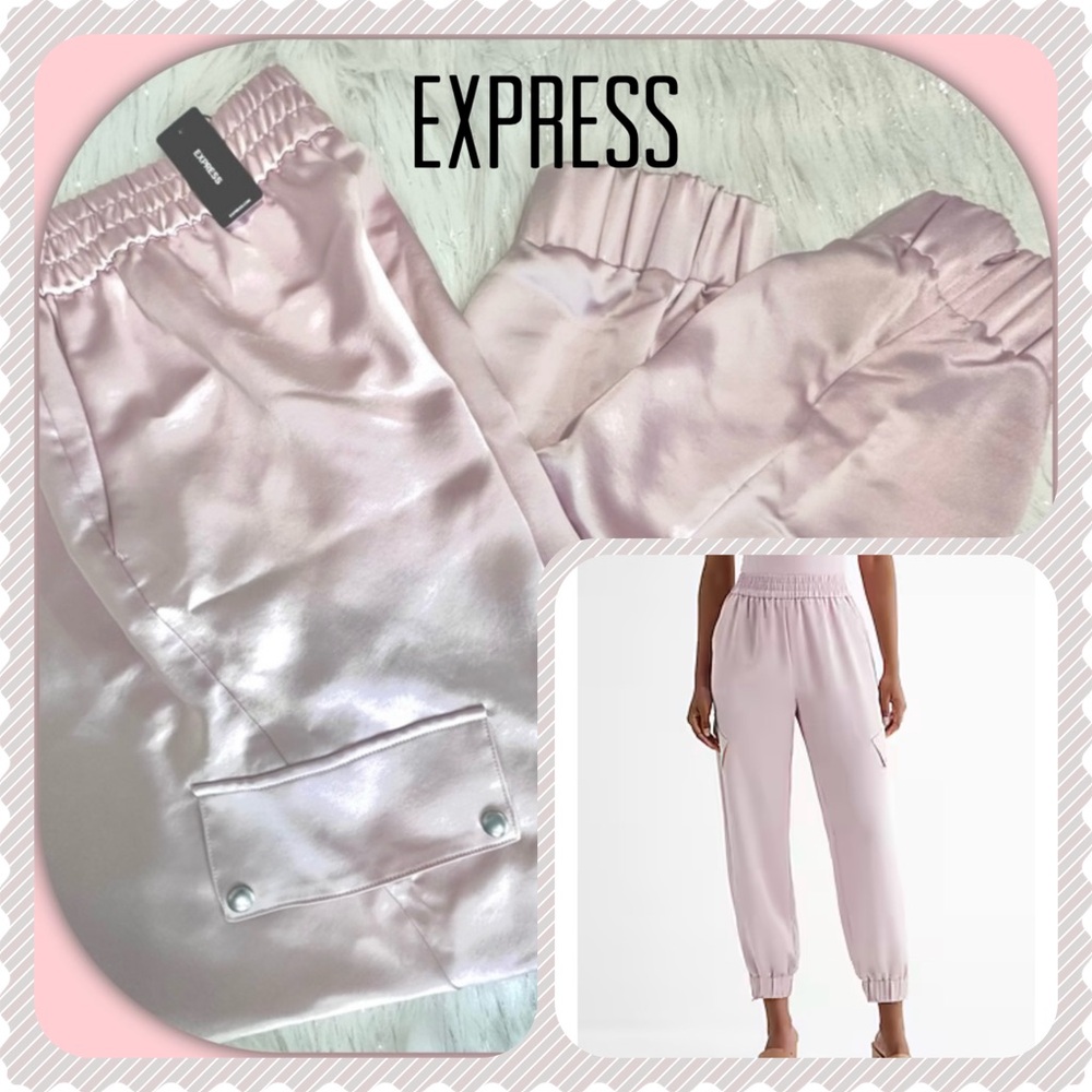 EXPRESS | High Waisted Satin Cargo Jogger Pants Soft Blush Pink NWT - Picture 1 of 5